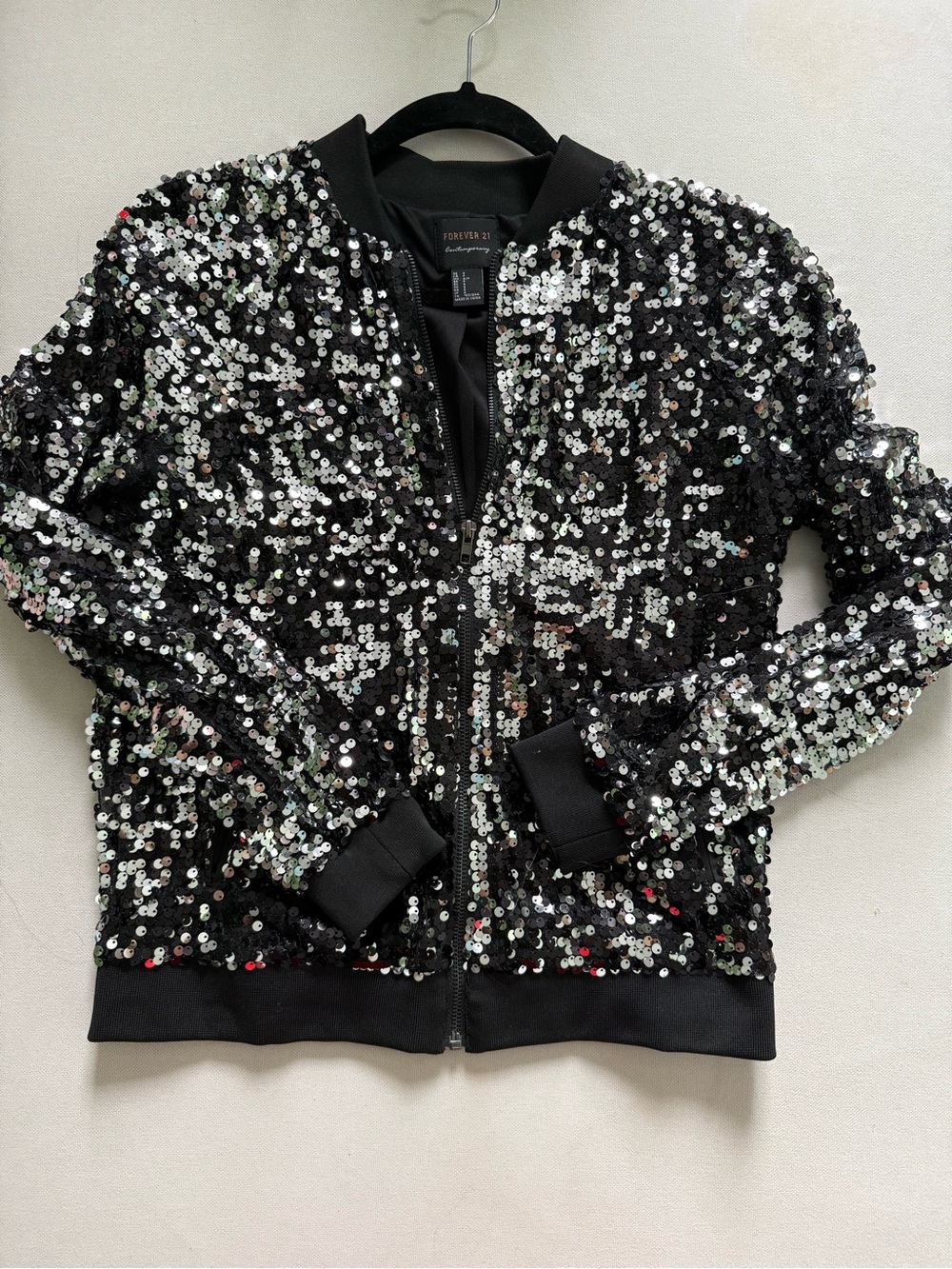 Forever 21 Black Sequin Bomber Jacket with Silver Sparkle